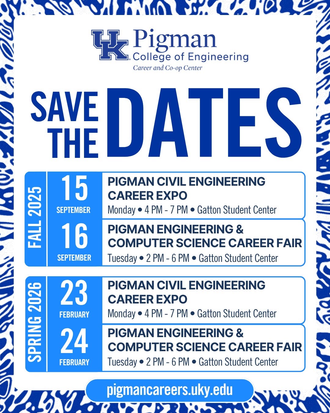 Save the Date flyer for College of Engineering career fair dates