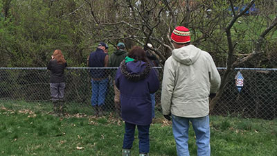 A group of people walk in the woods